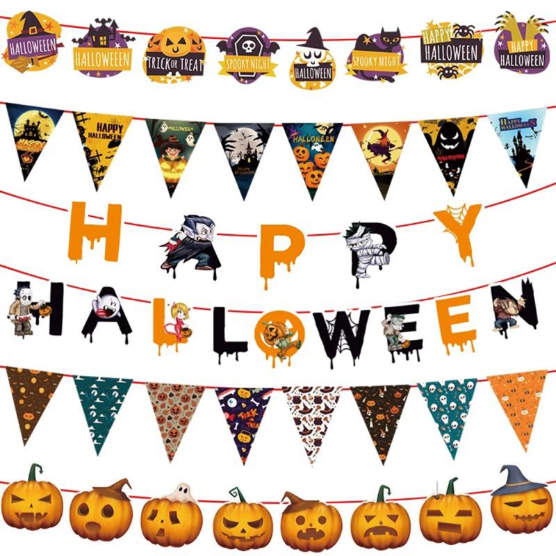 Happy Halloween Paper Banner Pumpkin Bat Witch Spider Skull Letter Hanging Decoration For Halloween