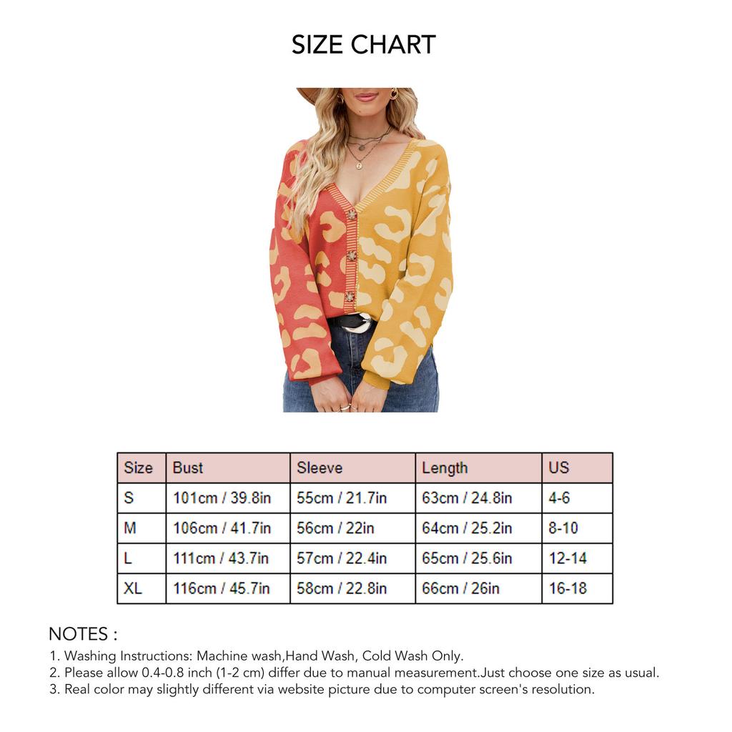 Damen Strickmantel Leopardenmuster Farbkontrast V-Ausschnitt Knopfverschluss Langarm Pullovermantel für