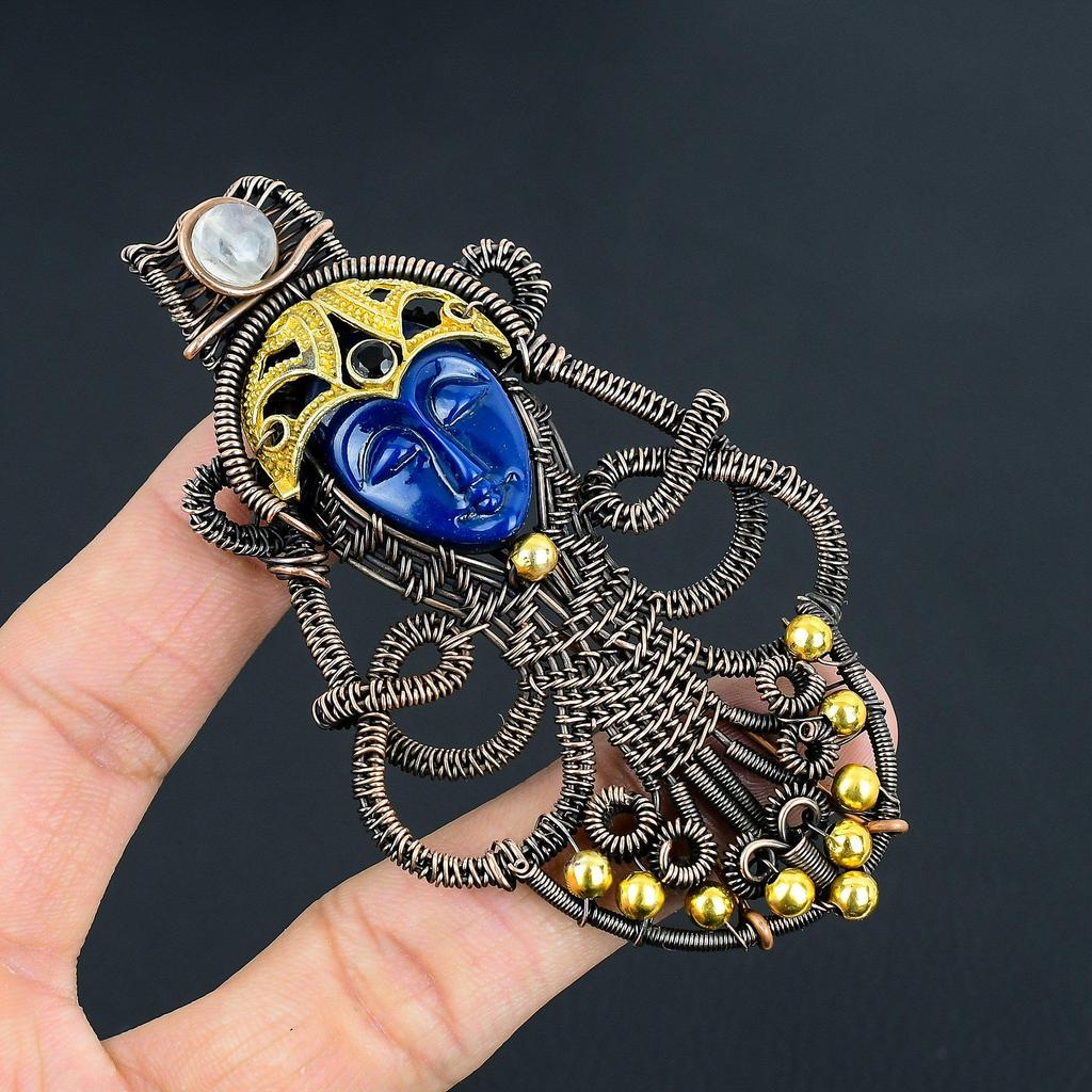 Carved Blue Face & Moonstone Jewelry, 999 Copper Wire Wrapped Pendant Handmade Gemstone Jewelry, Gifts For Wife Brand New Pendant
