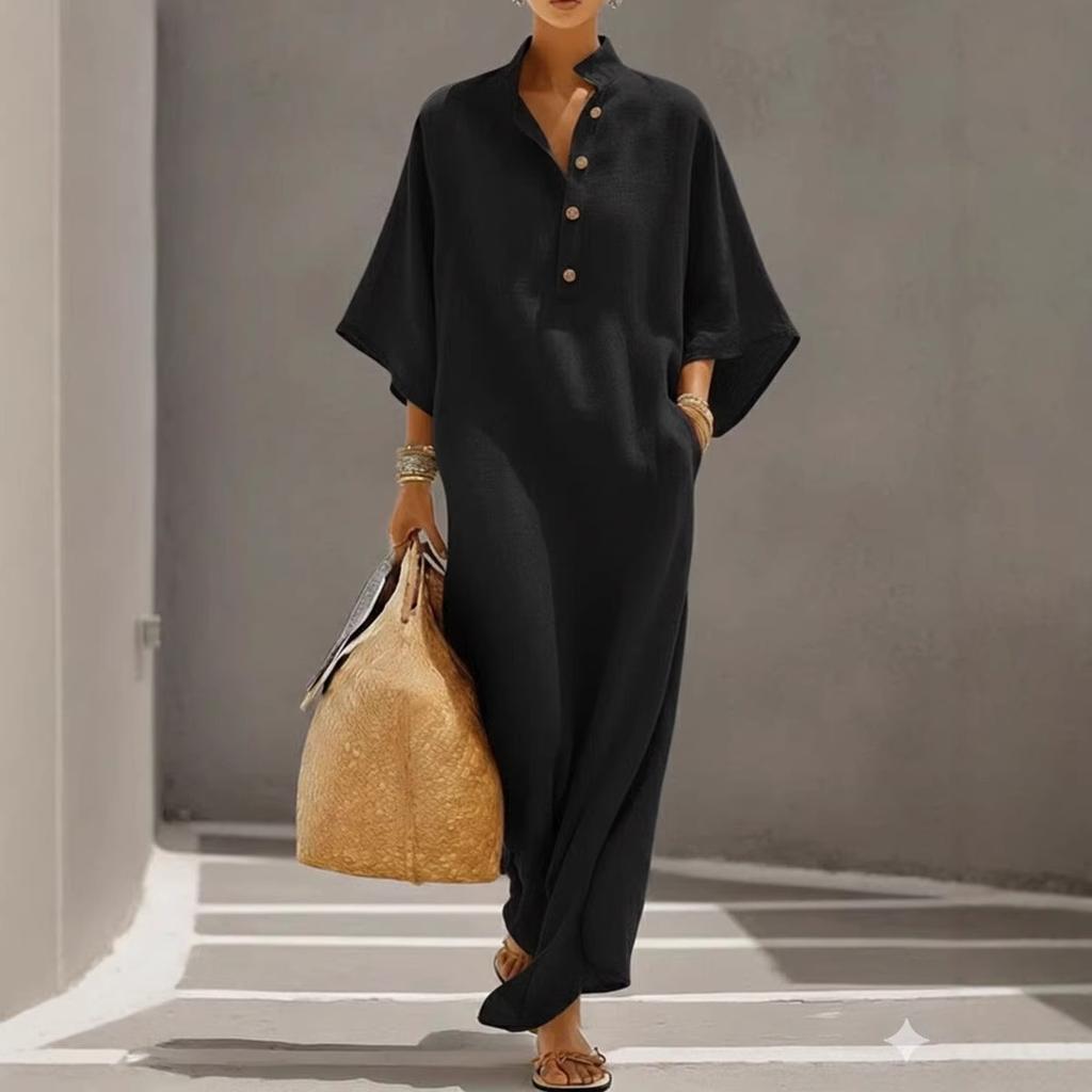 Spring and Summer Eurasia Fashion Women's Dress Loose Stand Neck Button Medium Sleeve Long Vacation Style Shirt Skirt