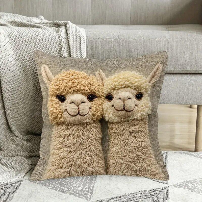45X45Cm Christmas Retro Two Alpaca Print Pillow Cover Winter Cushion New Year Home Decor Sofa Pillowcase Car Cushion Cover