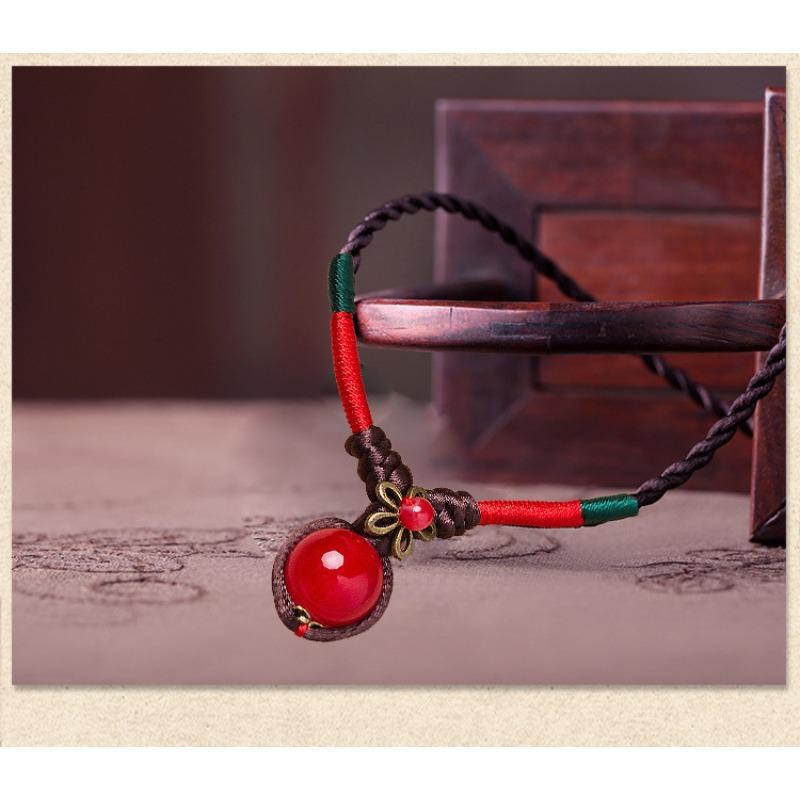 GEMCHIC Women's Vintage Ethnic Red Bean Glass Pendant Necklace Braided Rope Choker Collarbone Chain with Matching Earrings and Bracelet Set