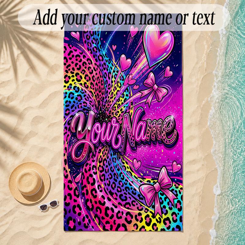 Hearts Theme Soft Beach Towel Personalized Custom Name Text Towel Portable for Beach Pool Travel