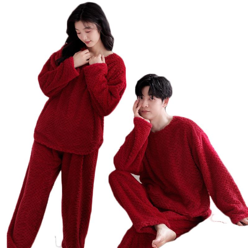 Wedding Couple Pajamas Autumn and Winter Coral Fleece Thickened and Fleece Red Festive Newlywed Men's and Women's Loungewear Set