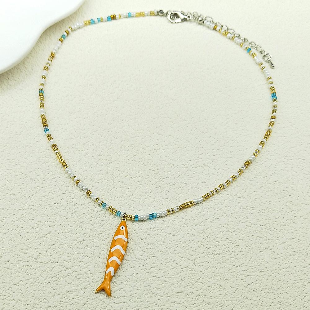 Colorful Fish Pendant Necklace For Women Girl Handmade Woven Beads Dopamine Color Sea Party Summer Fashion Chain Choker Jewelry