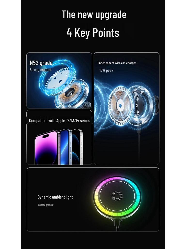 Magnetic Car Wireless Charger & Phone Holder with RGB Lights - 15W Fast Charge