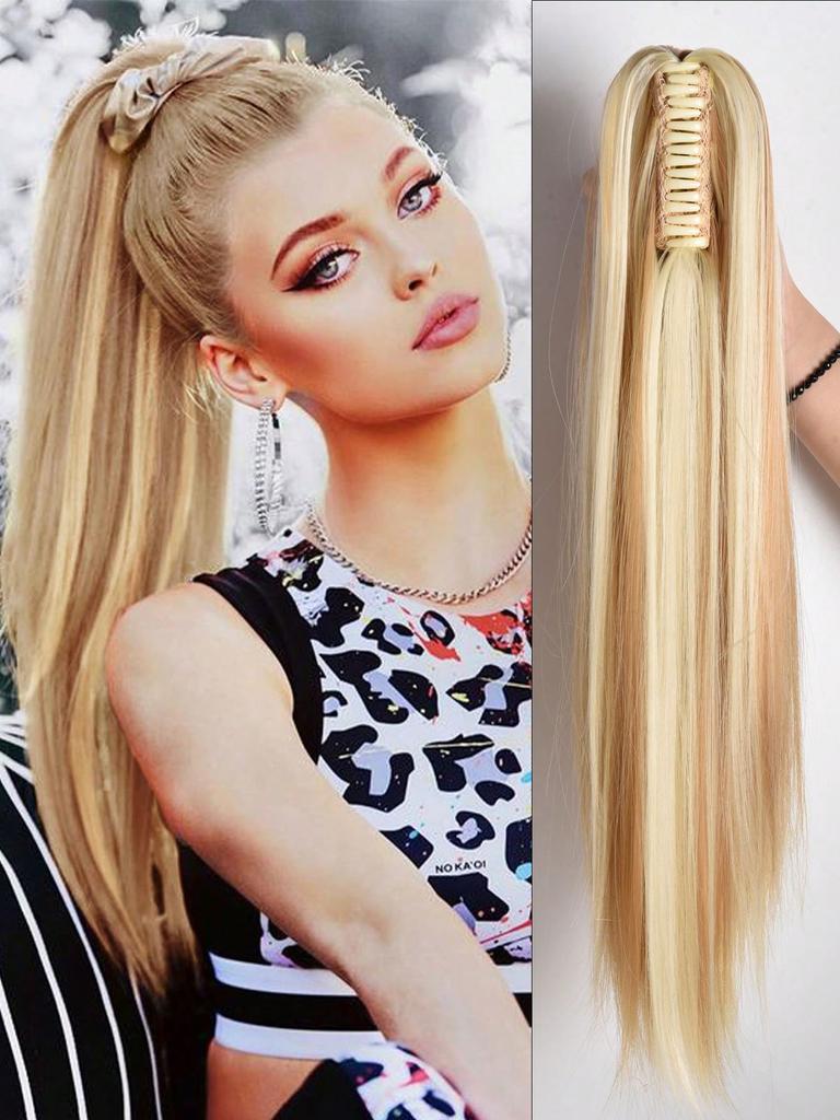 Synthetic Hair Extensions 24 Inch Long Straight Claw Clip Ponytail Wig Suitable For Women's Daily Party Use
