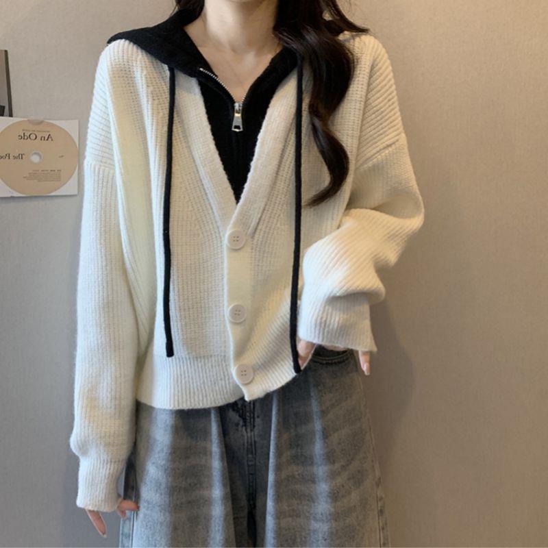 

Дизайн Sense Короткий Срез С Капюшоном Куртка Женская Осень и Зима Тонкая Молния Ложная Две Части Вязаный Кардиган Топы Женщин One Size бежевый