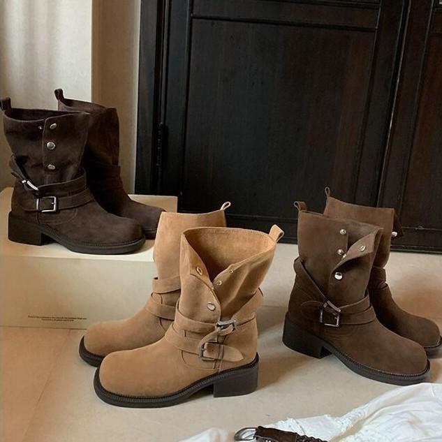 Grape Mother Studiolee Height Increased by 5.5cm~ Autumn Maillard Folded Two Buckle Straps Cow Velvet Medium Boots