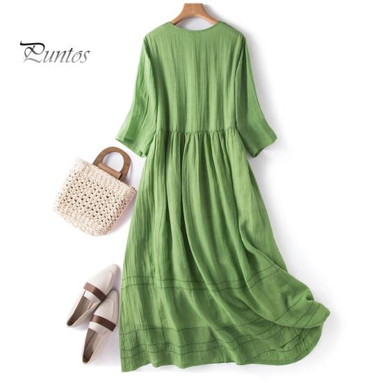 Léto Jaro Ženy Šaty Polorukávy Výstřih do V Linie A Volný lem Jednobarevný Knoflíček Dekor Dvouvrstvé řasené šaty Midi Délka do půli lýtek