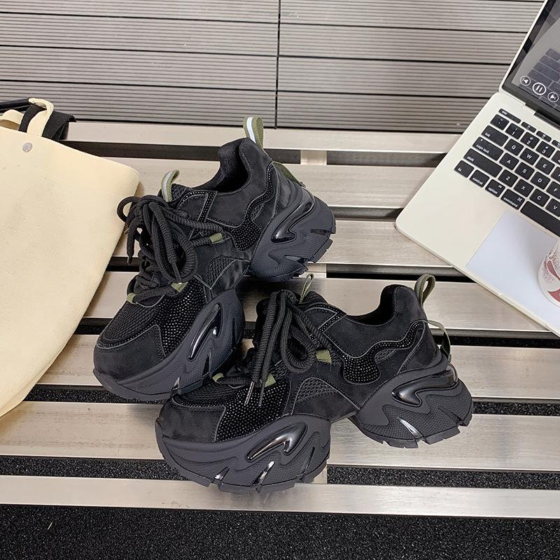 Versatile Rhinestone Dad Shoes for Women 2025 Autumn New Thick-soled Heightened, Breathable, Comfortable and Thin Retro Casual Shoes for Women