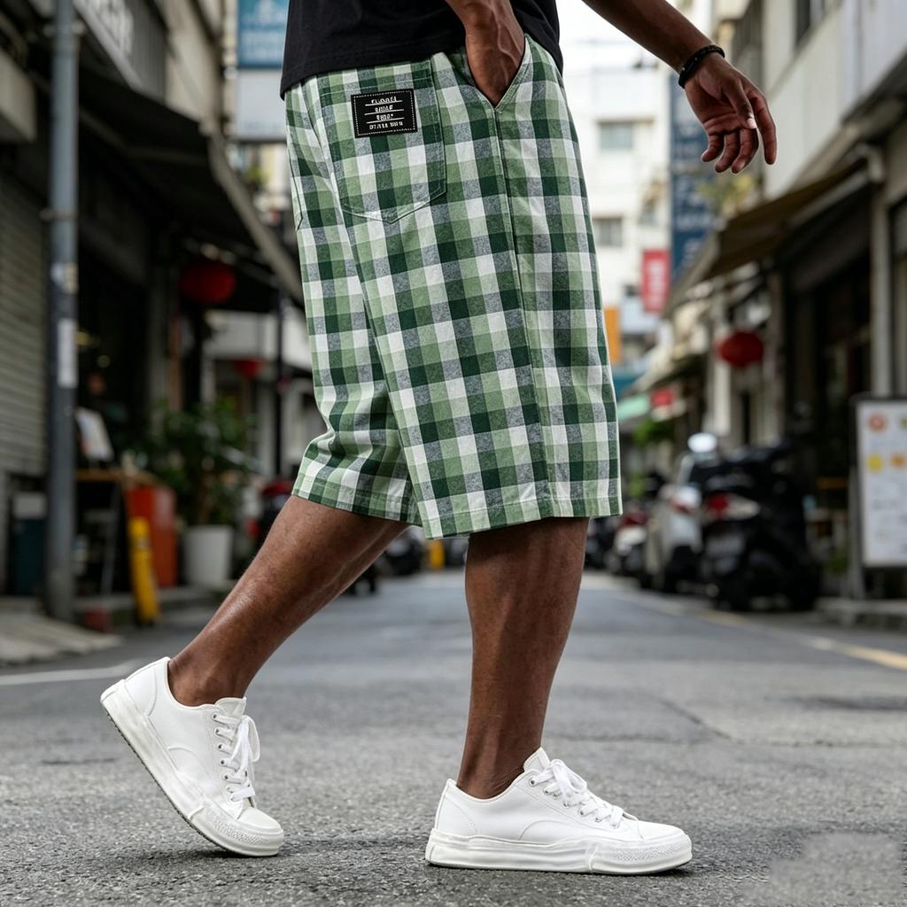 Men's Casual Loose Fit Plaid Shorts Lightweight Breathable Cotton Blend Fabric with Elastic Waistband and Side Pockets for Everyday Wear