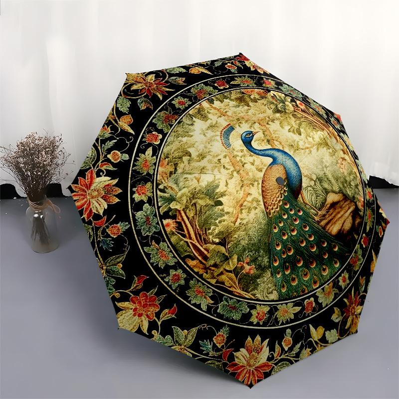Peacock, FloralThemed Automatic Opening and Closing umbrella 8 Ribs, Suitable for Leisure and Going Out, Outdoor Accessory, Gothic Style,