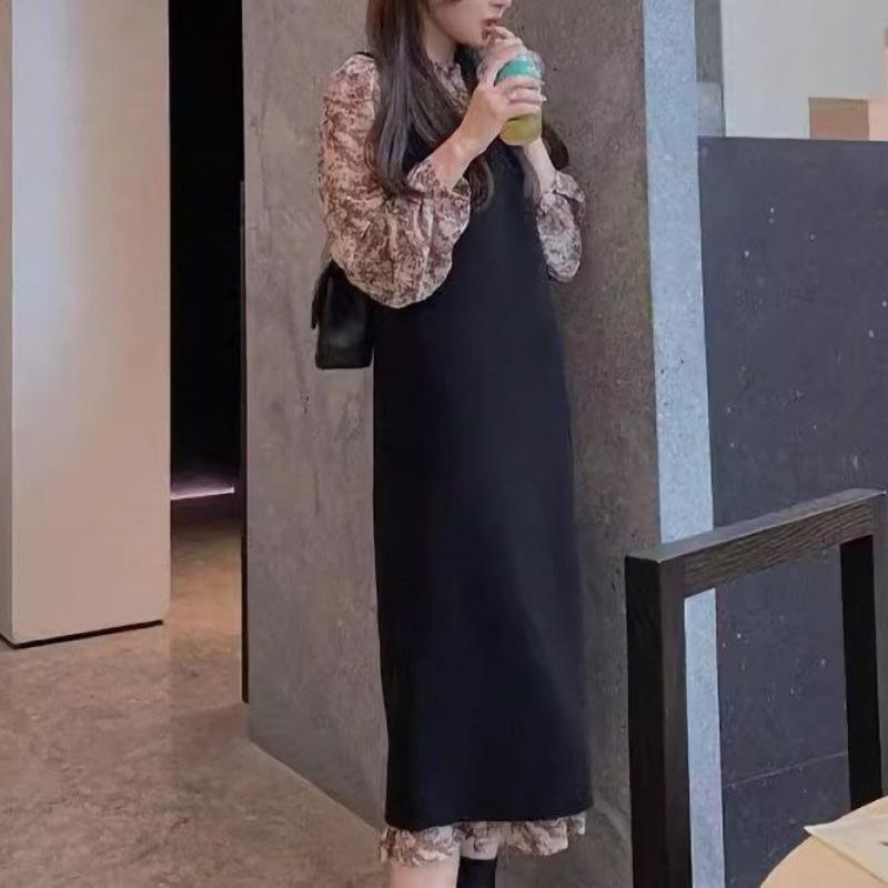 

Женский французский черный цветочный комплект платья-майки - Осень/Зима Высококлассный стиль S [Recommended for up to 50 kg]