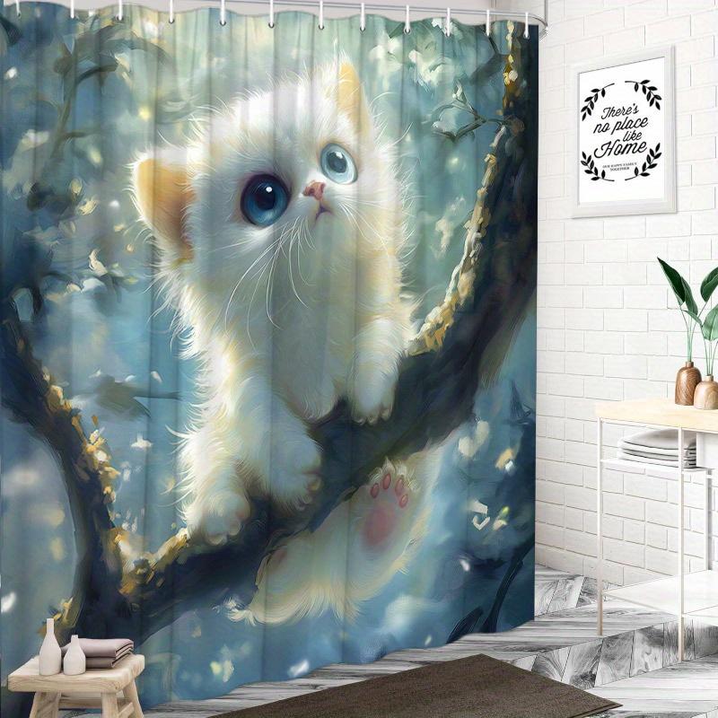 1pc Fluffy White Kitten Shower Curtain - Branch, Blue Eyes, Dreamy Forest, 70.8x70.8", Polyester, Washable, 12 Hooks