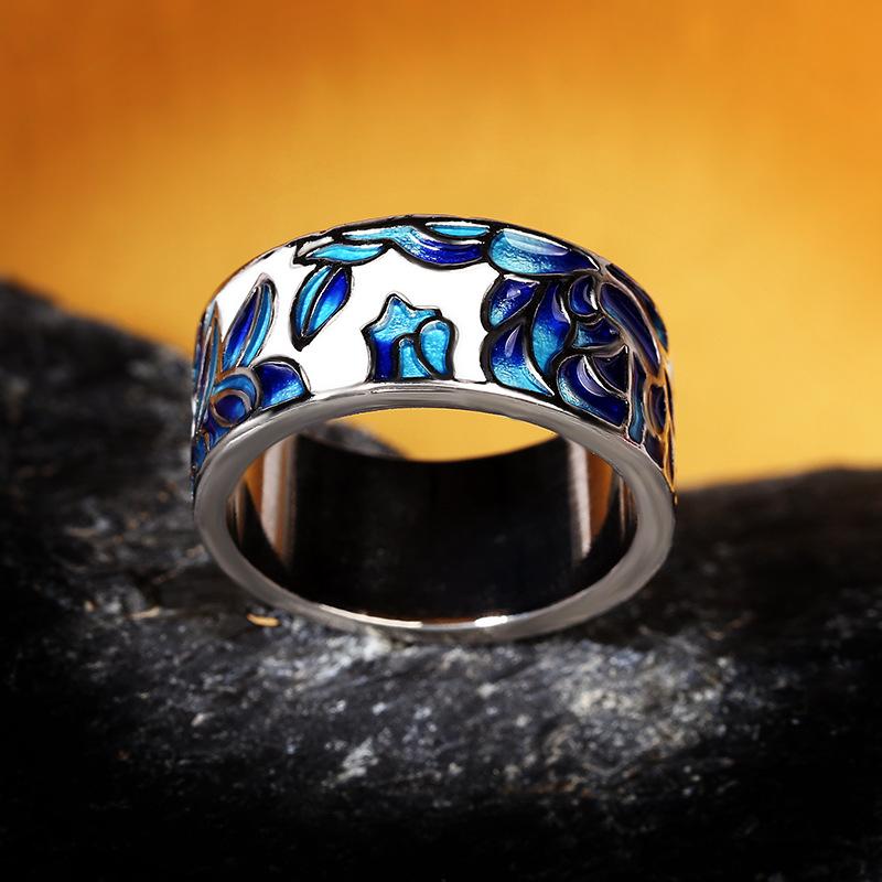 Classic Epoxy Enamel Blue Flower Ladies Ring 925  For Ladies Jewelry Wedding Ring Bridal Jewelry  Ring