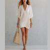 Women's White V Neck Mid Sleeve Bohemian Dress Knee Length