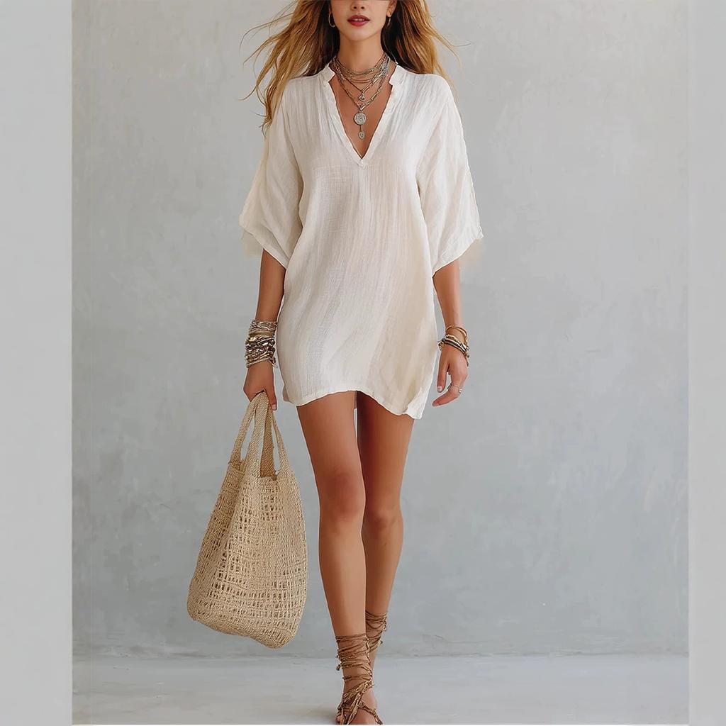 Women's White V Neck Mid Sleeve Bohemian Dress Knee Length