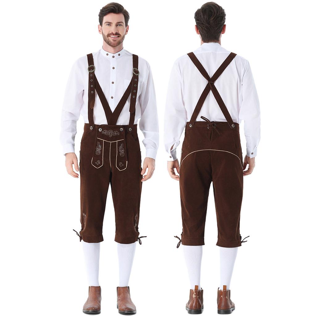 Men's Oktoberfest Costume Set - Long Sleeve Shirt and Suspenders Pants, Two Piece Bavarian Outfit for Festival