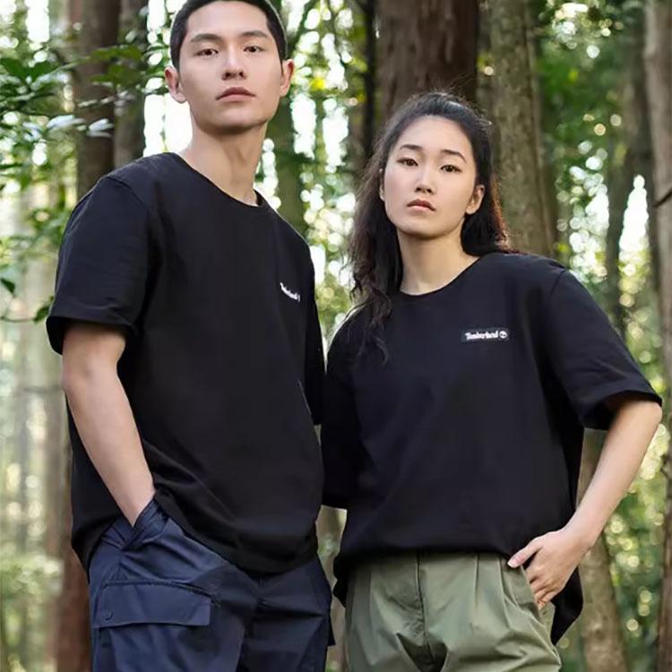 Timberland Solid Logo Outdoor Comfortable Breathable Woven Crew Neck Short Sleeve T-Shirt Unisex Tops Black A6Q99-001