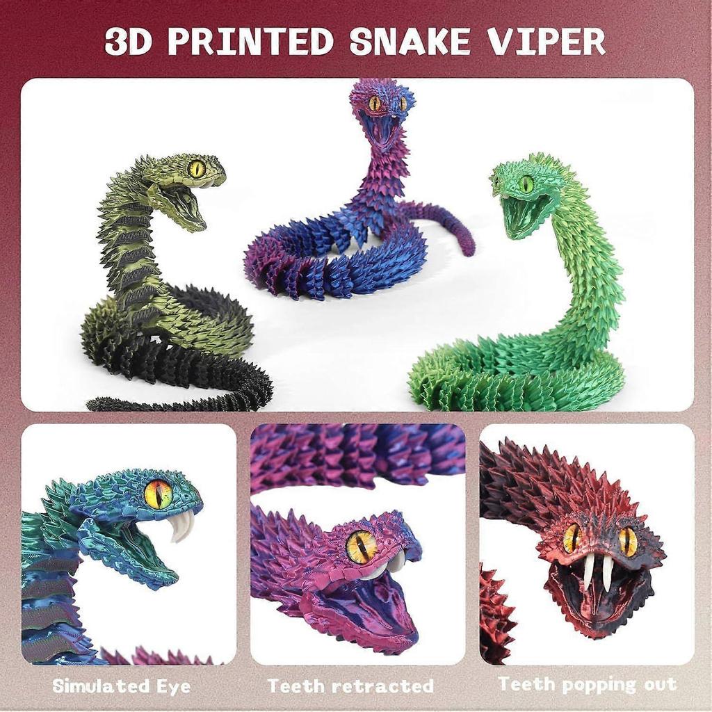 3D Printed Articulated Snake with Teeth - Realistic Flexible Jointed Reptile Figurine, Unique Desk Pet for Reptile Lovers & Animal Collectors, Durable