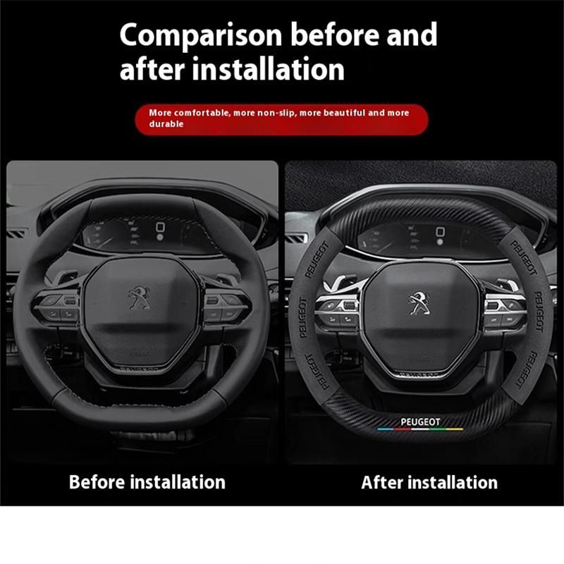 Car Interior Leather Carbon Fiber Steering Wheel Cover Non-slip For Peugeot 408 4008 308 3008 Rifter 5008 508 2008 208 301 RCZ