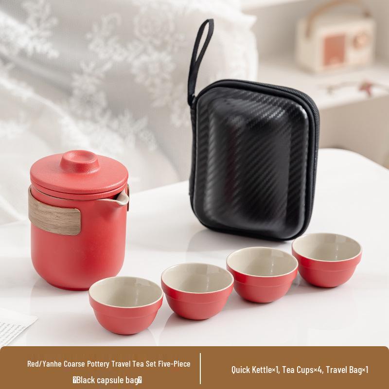 Portable Ceramic Travel Tea Set: Quick-Brew Pot & 4 Cups for Outdoor & Car Use, Simple Carry-Along Gift