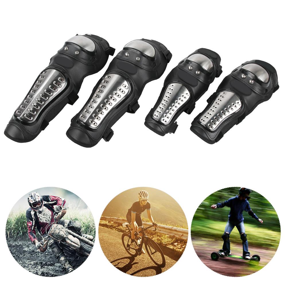4 Pcs Stainless Steel Anti Fall Elbow Knee Pads Shin Guards Protective Gear Set for Outdoor Sports Motorcycle