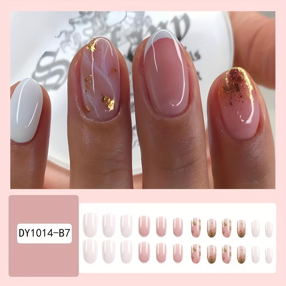 24pcs Medium Oval Press On Nails Golden Glitter With Design White French Style Fake Nails Glossy Artificial Finger Manicure False Nails