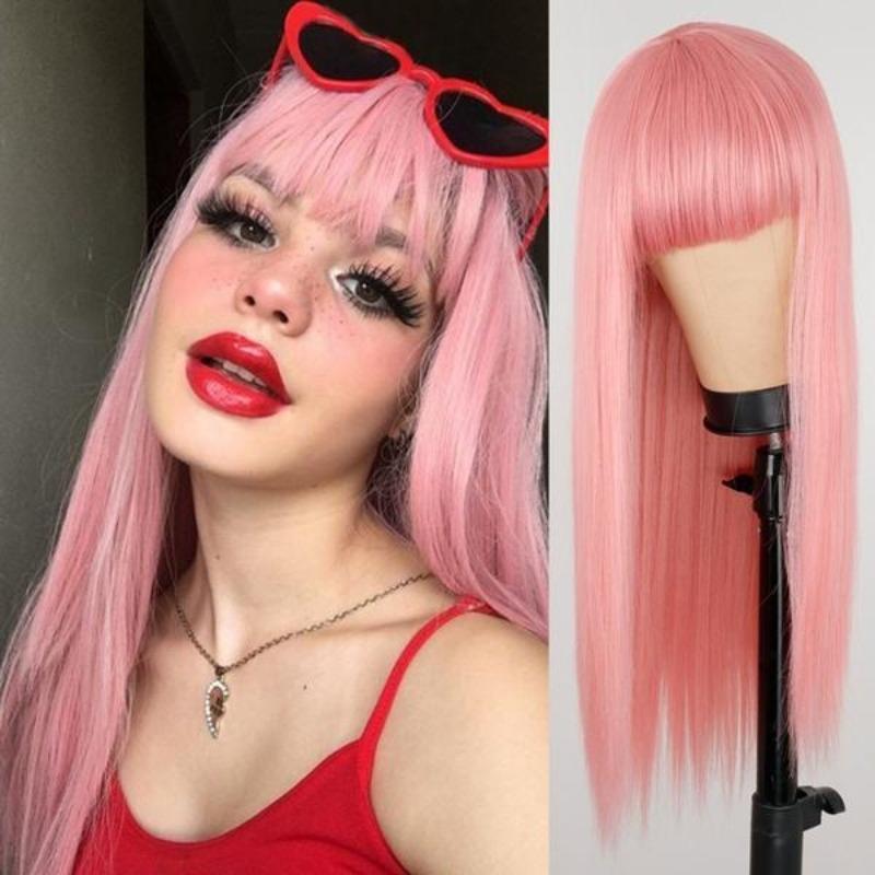 Dlhá rovná vínová červená čierna sivá ružová parochňa s ofinou Parochňa zo syntetických vlasov pre ženy Parochne odolné voči teplu Cosplay promová parochňa