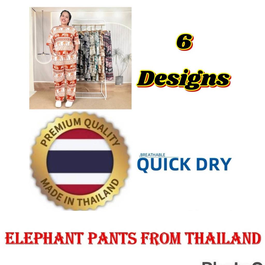Słoniowe Spodnie Koszula Zestaw Okrągły Dekolt Krótki Top Krótki Rękaw Regulowany Elastyczny Pas Pasek Kobiety Nadruk Tajlandia Casualowy Bohemski Retro Vintage