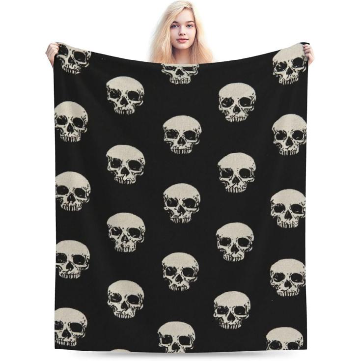 Gothic Skull Blanket Soft Cozy Spooky Skull Plush Throw Blanket Super Warm Fleece Fuzzy Halloween Skeleton Bedding Blanket Gifts for Kids Girls Boys