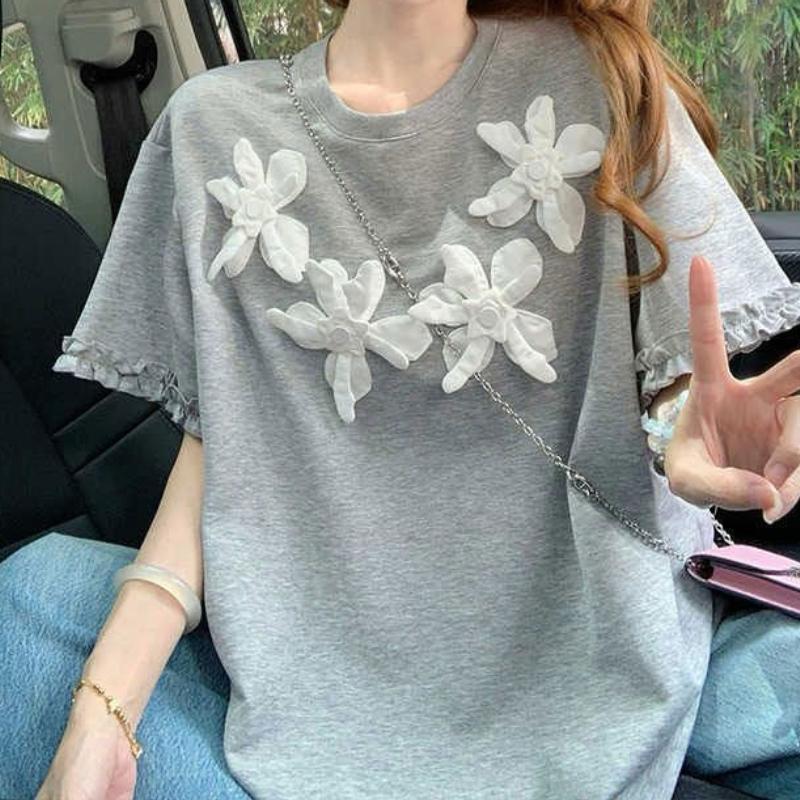 Chest 3D Flower Women's T-shirt Grey Round Neck Short Sleeved Ruffled Edge Tees Summer New Version Loose Casual Woman Top