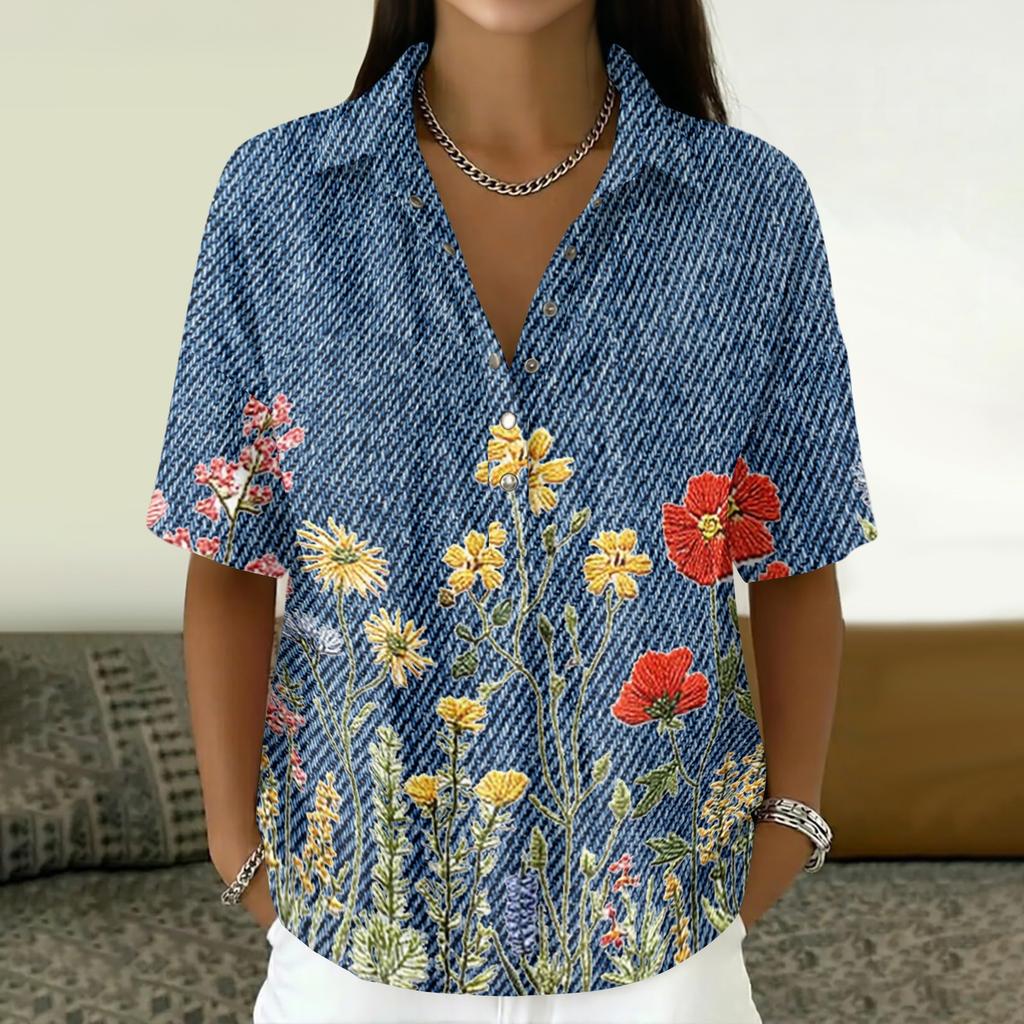 Women Vintage Floral Print Short Sleeve Shirt Loose Fit Button Down Collar Top Casual Linen Cotton Blend Blouse