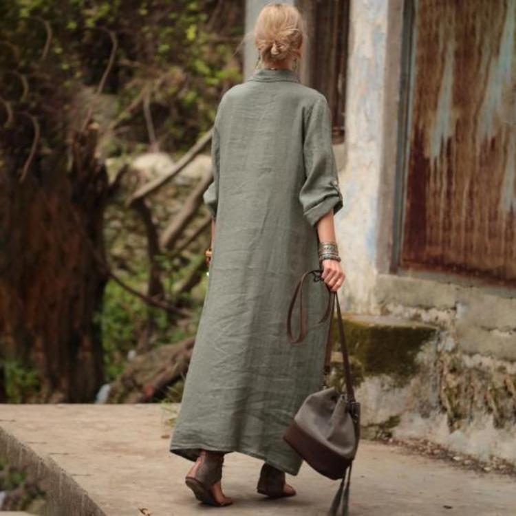 Women Summer Maxi Dress Loose Turn Down Collar Long Sleeves OL Cardigan Commute Daily Wear Pure Color Single Breasted Long Dress