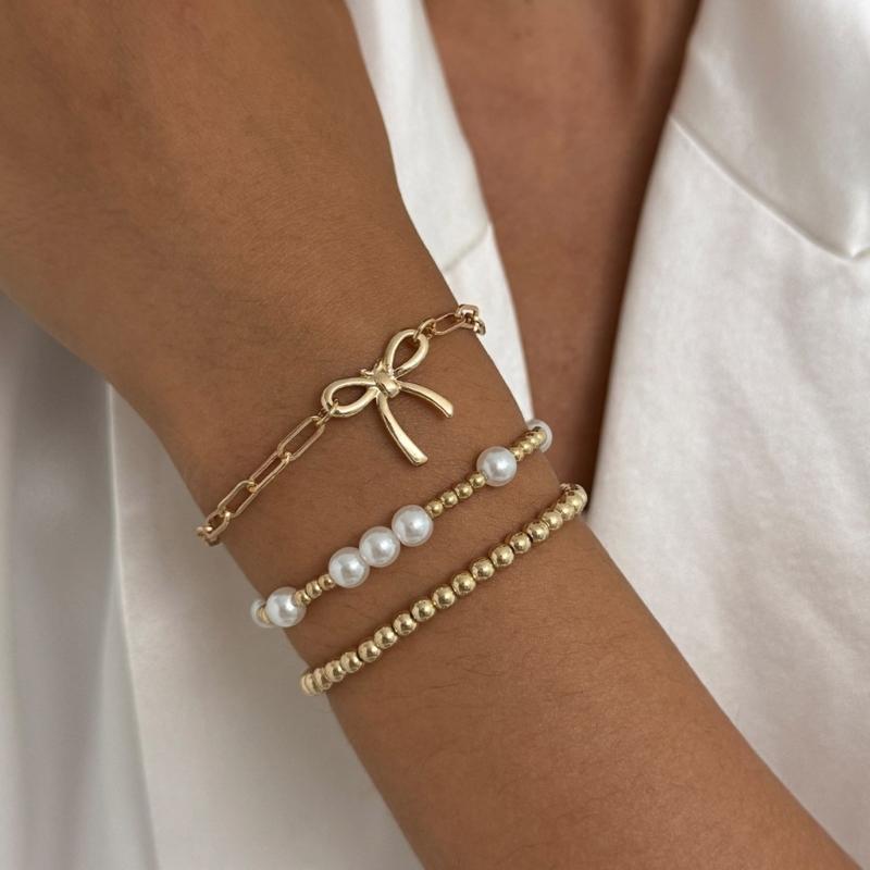 Modern Bowknot Detail Imitation Pearls Bracelet with Alloy Clasp Adjustable Chain Elegant Jewelry For Women