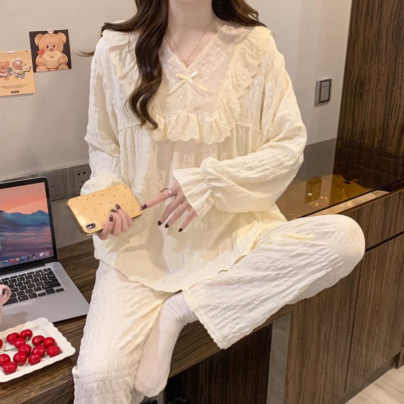 Japanese-Style Lace Bubble Crepe Pajamas for Women - Spring Long Sleeve Solid Color