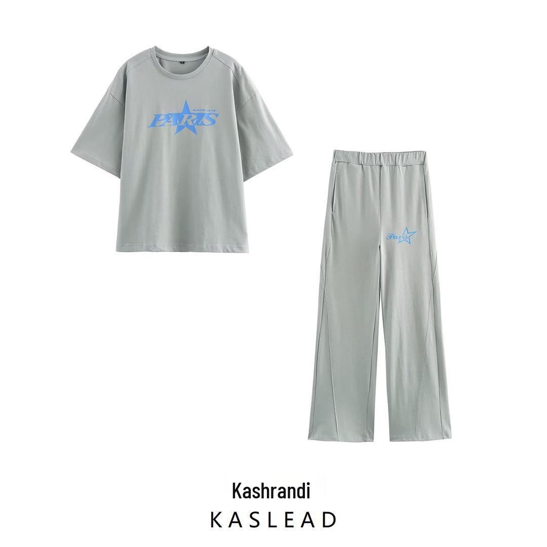 

Spring 2025 Women s European & American Style Printed Washed T-shirt and Long Pants Set Small