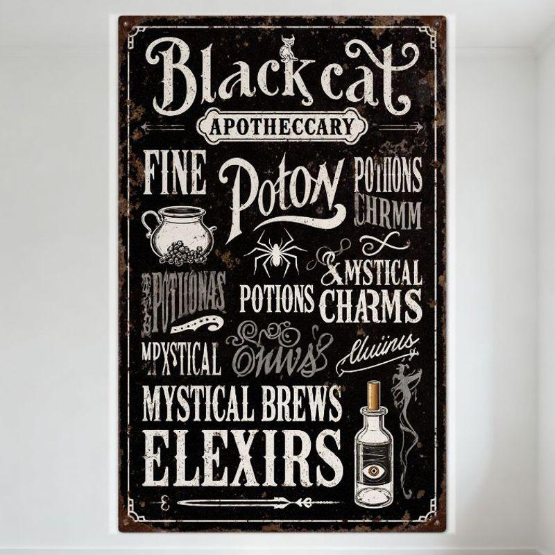 Винтажная металлическая вывеска «Аптека Чёрного Кота» Ведьмовские зелья Амулеты Декор Потертое Ретро Металлическое Настенное Искусство для Дома Бар Паб Декор 20x30cm（7.8x11.8inch）