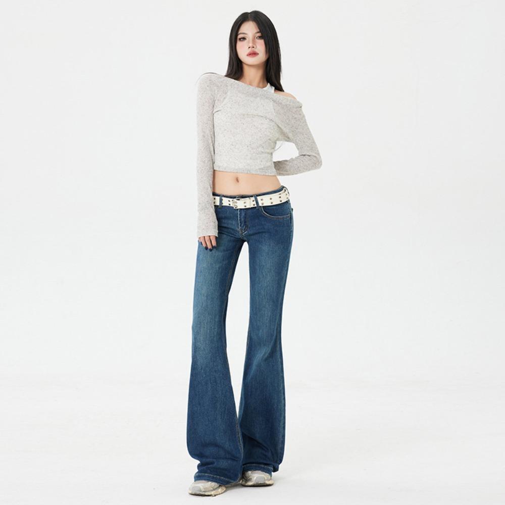Women's Low Rise Flare Jeans Loose Bootcut Solid Denim Pants Two Length Micro Stretch American Casual Trousers