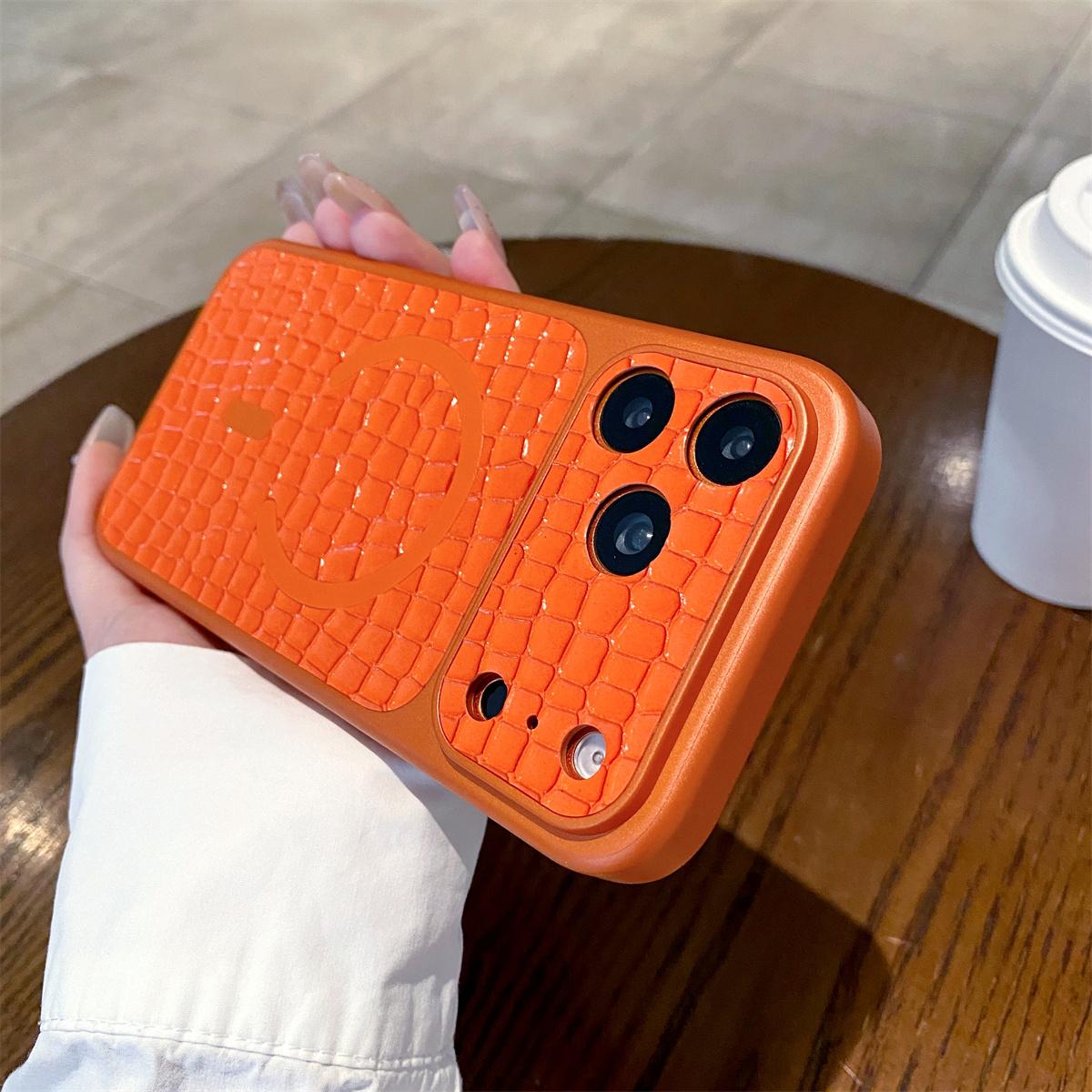 

Чехол для телефона iPhone 17 16 15 14 13 Pro Max из крокодиловой кожи, оранжевый, с магнитами Magsafe, большое окно, мгновенно превращающийся в чехол 17 iPhone 13