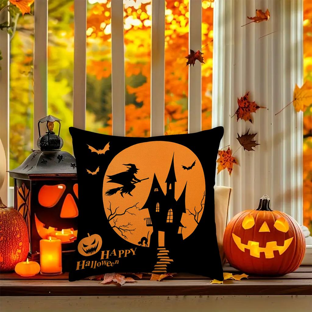 1Pc/4Pcs Halloween Pillow Cover, Halloween Witch, Ghost, Pumpkin Head, Living Room, Bedroom Sofa Decoration Cushion Cover