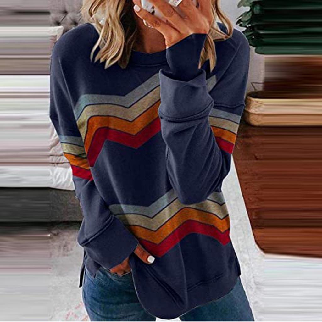Women's Casual Long Sleeve Stripe Print Color Matching T Shirt Slim Top
