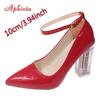 Fashion Aphixta 3.94inch Transparent Chunky Heels Women Pumps Orange Pimp Buckle Ankle Strap Shoes Leisure Patent Leather Plus Size 50