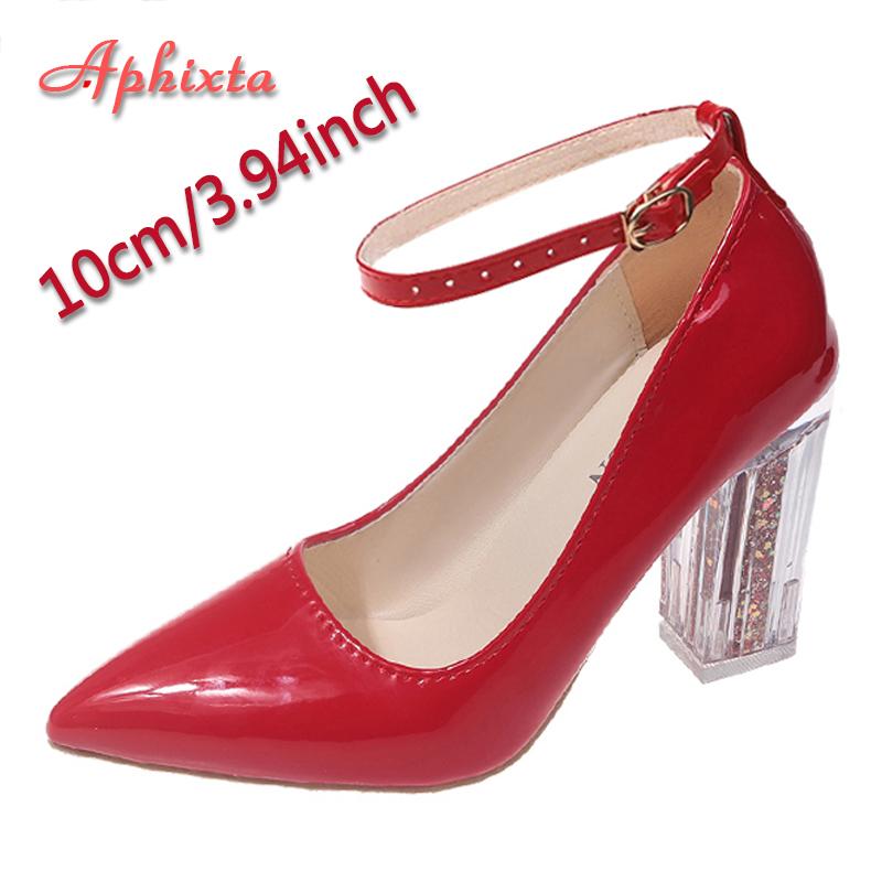 Fashion Aphixta 3.94inch Transparent Chunky Heels Women Pumps Orange Pimp Buckle Ankle Strap Shoes Leisure Patent Leather Plus Size 50