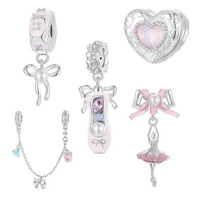 Pink Love Ballet Girl Diy Beaded Accessories Charm S925 Silver Sweet Bow Pendant