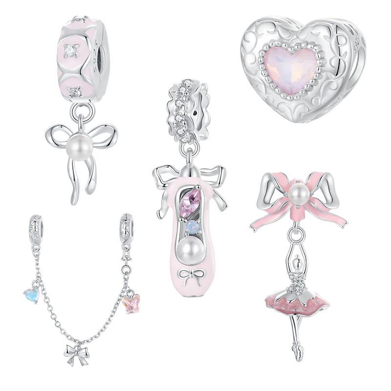 Pink Love Ballet Girl Diy Beaded Accessories Charm S925 Silver Sweet Bow Pendant