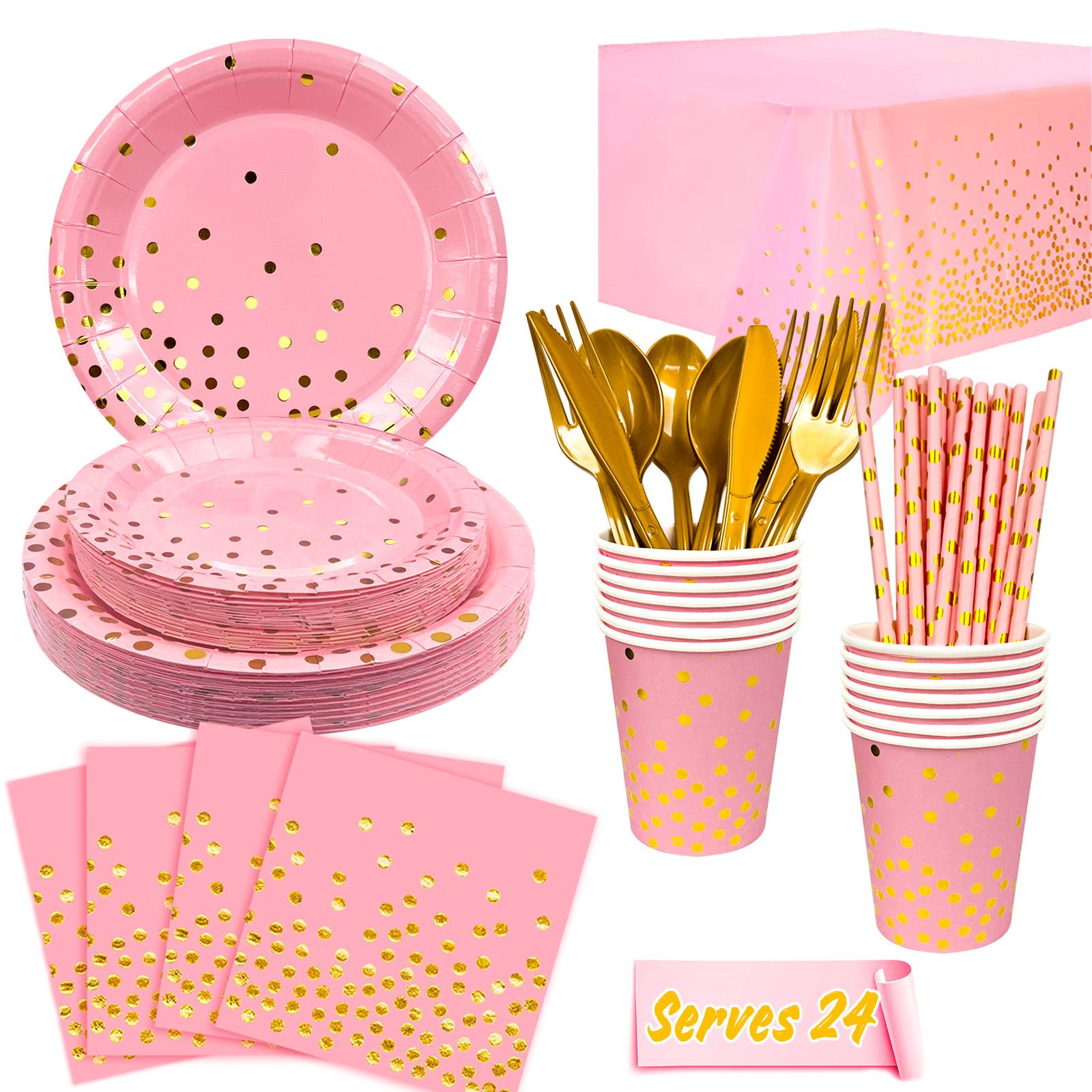 193pcs Pink and Gold Party Supplies, Pink Party Tableware Set Includes Pink Party Plates Napkins Cups Table Cloth etc Rose Gold Party Tableware розовый