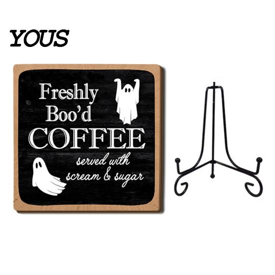 Decorative Signs with Metal Stands Halloween Coffee Bar Wooden Sign Iron Display Stand for Corner Kitchen Station Accessories Tabletop Decor,
