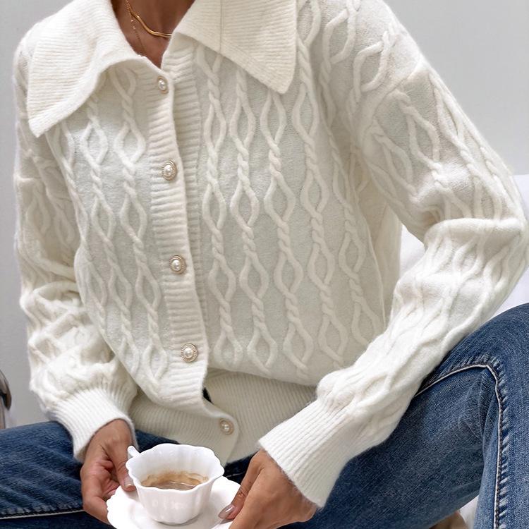 2025 Autumn/Winter Women's Single-Breasted Knitted Cardigan - Solid Color, Turn-Down Collar, European & American Style